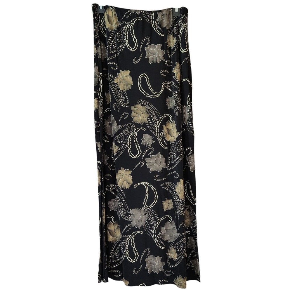Vintage Slinky Maxi Skirt Women's M Floral Black Gold‎ Stretch Pull On Side Slit